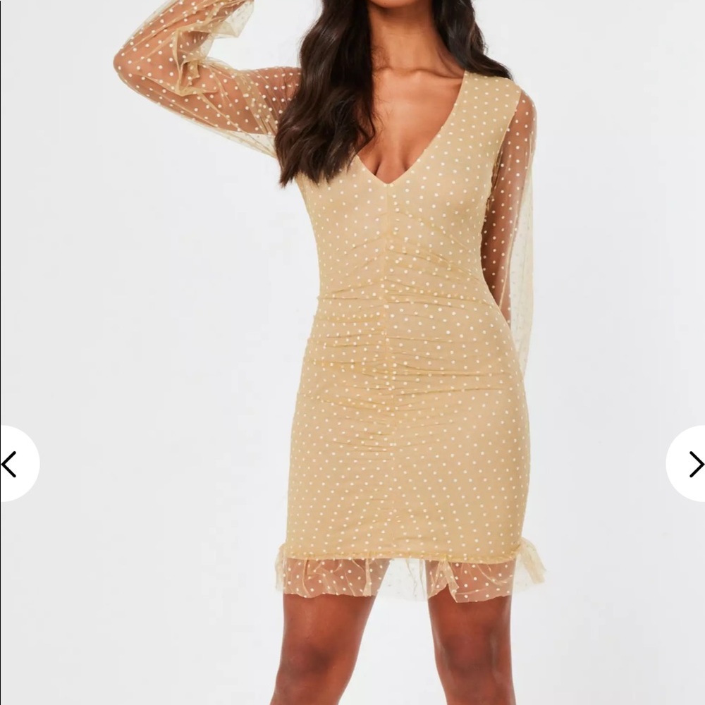 camel mesh ruched mini dress